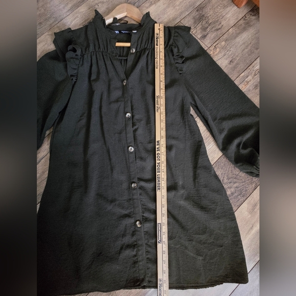 Zara Womens Oversized Xs Dark Green Ruffled Button-Up Dress - Picture 12 of 15